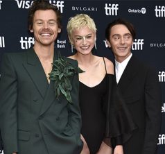 Harry Styles, from left, Emma Corrin, and David Dawson attend the premiere of "My Policeman" at the Princess of Wales Theatre during the Toronto International Film Festival, Sunday, Sept. 11, 2022, in Toronto. (Photo by Evan Agostini/Invision/AP)
